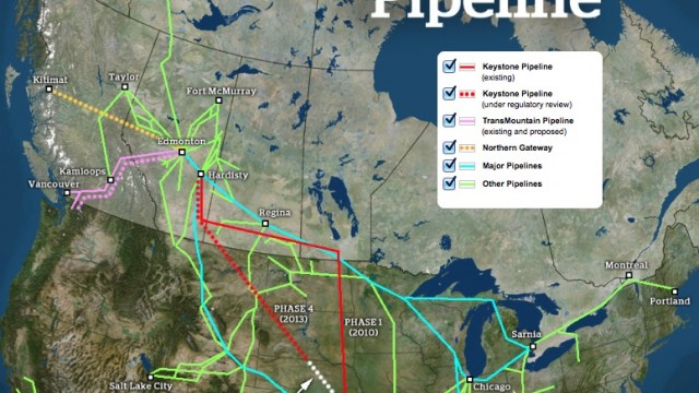 A detailed map of the oil pipelines running throughout Canada. Image taken from an interactive infographic at CBC.