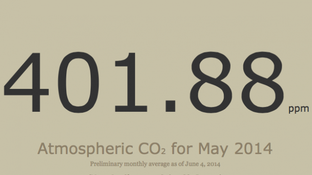 The carbon content of the atmosphere as of May 2014, already a disastrous and climate changing level according to scientists.