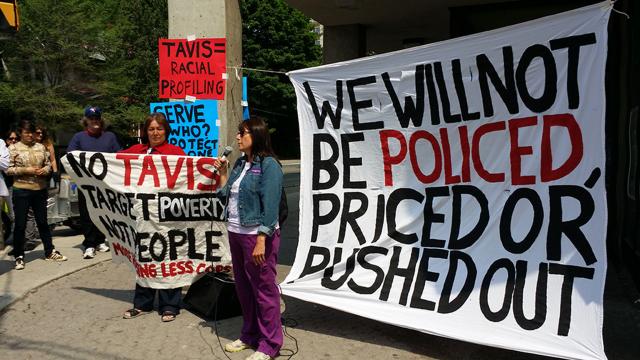 Monday, June 16th, residents and community organizations held a press conference to demand an end to police sweeps in the Downtown East.  Photo from OCAP.